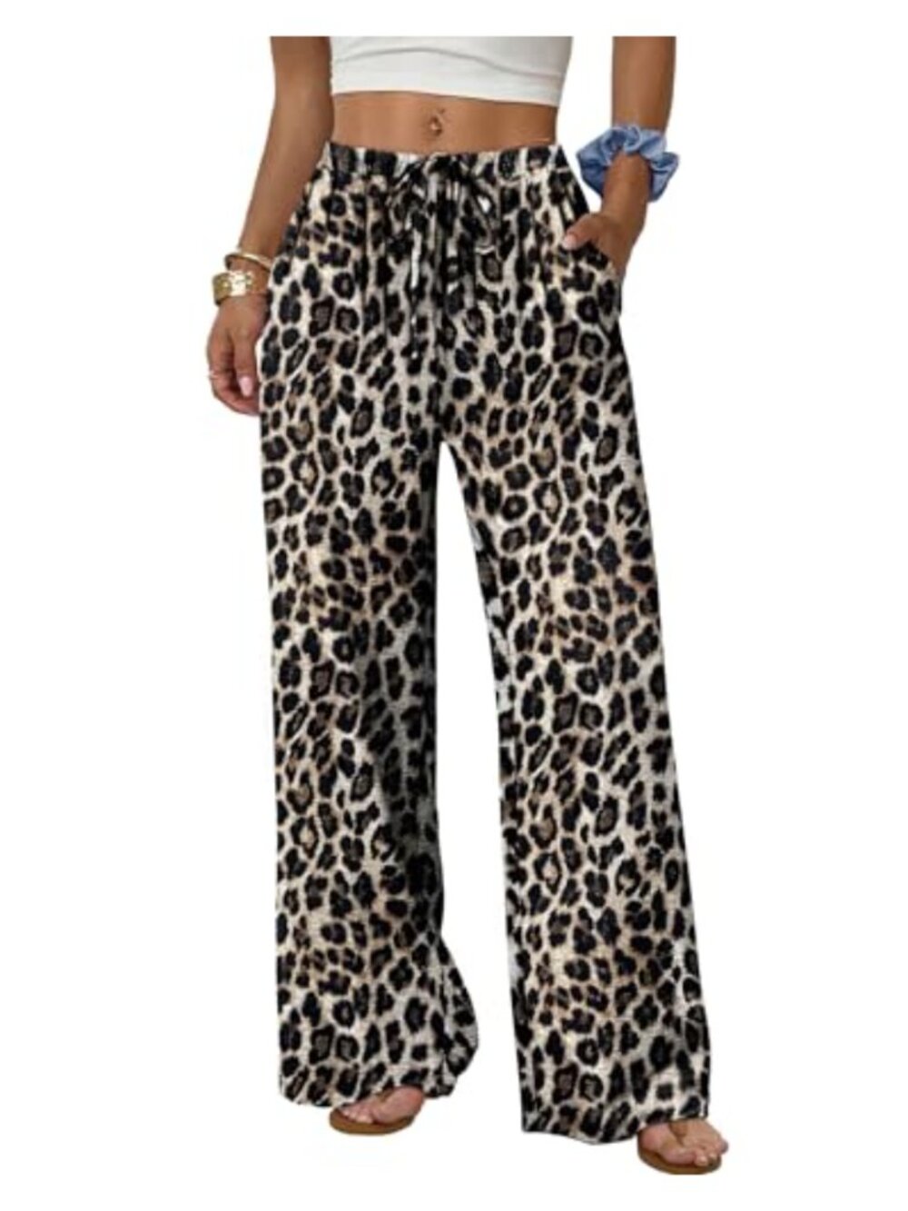 Wide Leg Palazzo Pants Women Drawstring Elastic Waist Trousers Pockets Summer